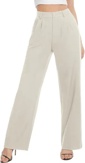 Tapata Women Wide Leg Pants High Waisted Dress Trousers Casual Elastic Pockets Business Work Slacks, Beige, 18