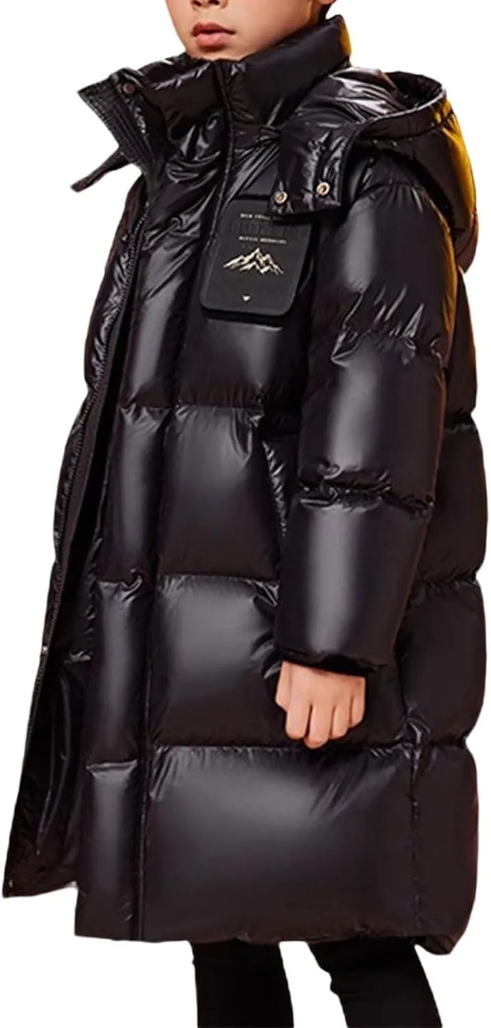 ToddlBy Boys Girls Long Hooded Down Winter Coat Kids Puffer Down Jacket Parka Padded Jacket Thick (Black, 11-12 Years) k154