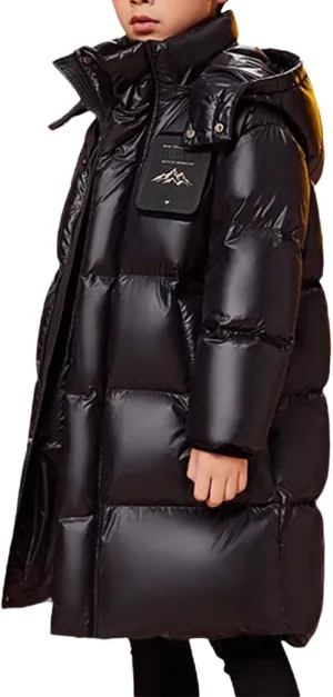 ToddlBy Boys Girls Long Hooded Down Winter Coat Kids Puffer Down Jacket Parka Padded Jacket Thick (Black, 11-12 Years) k154