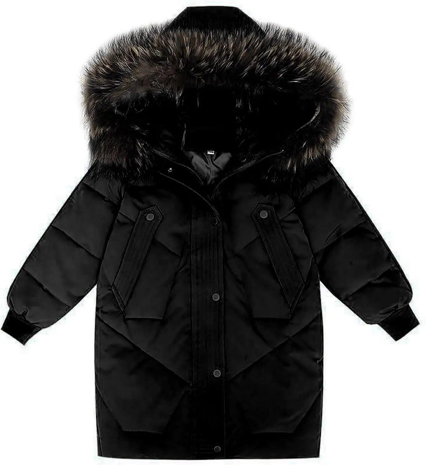 ToddlBy Kids Girls Med-length Parka Winter Coat Zip Button Padded Coat Thicken Warm Furry Collar (Black, 9-10 Years) g275