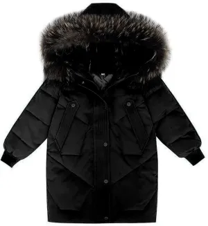 ToddlBy Kids Girls Med-length Parka Winter Coat Zip Button Padded Coat Thicken Warm Furry Collar (Black, 9-10 Years) g275