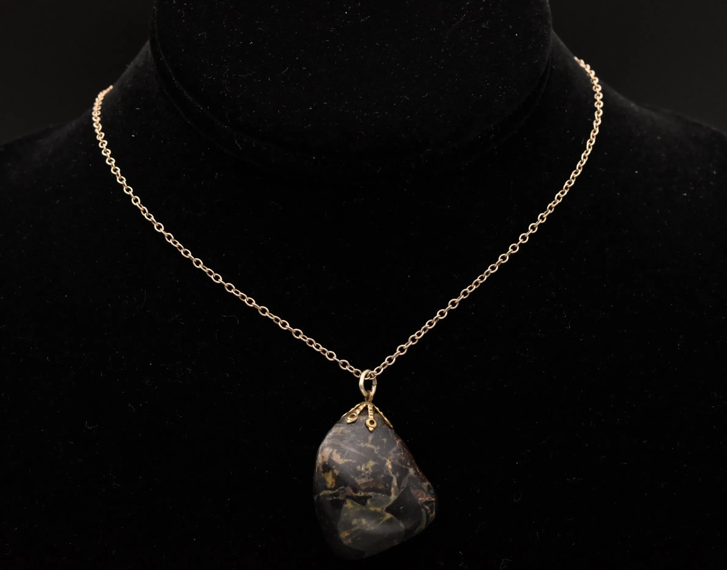 Tumbled Black Stone Pendant on Gold Tone Chain Necklace - 17"