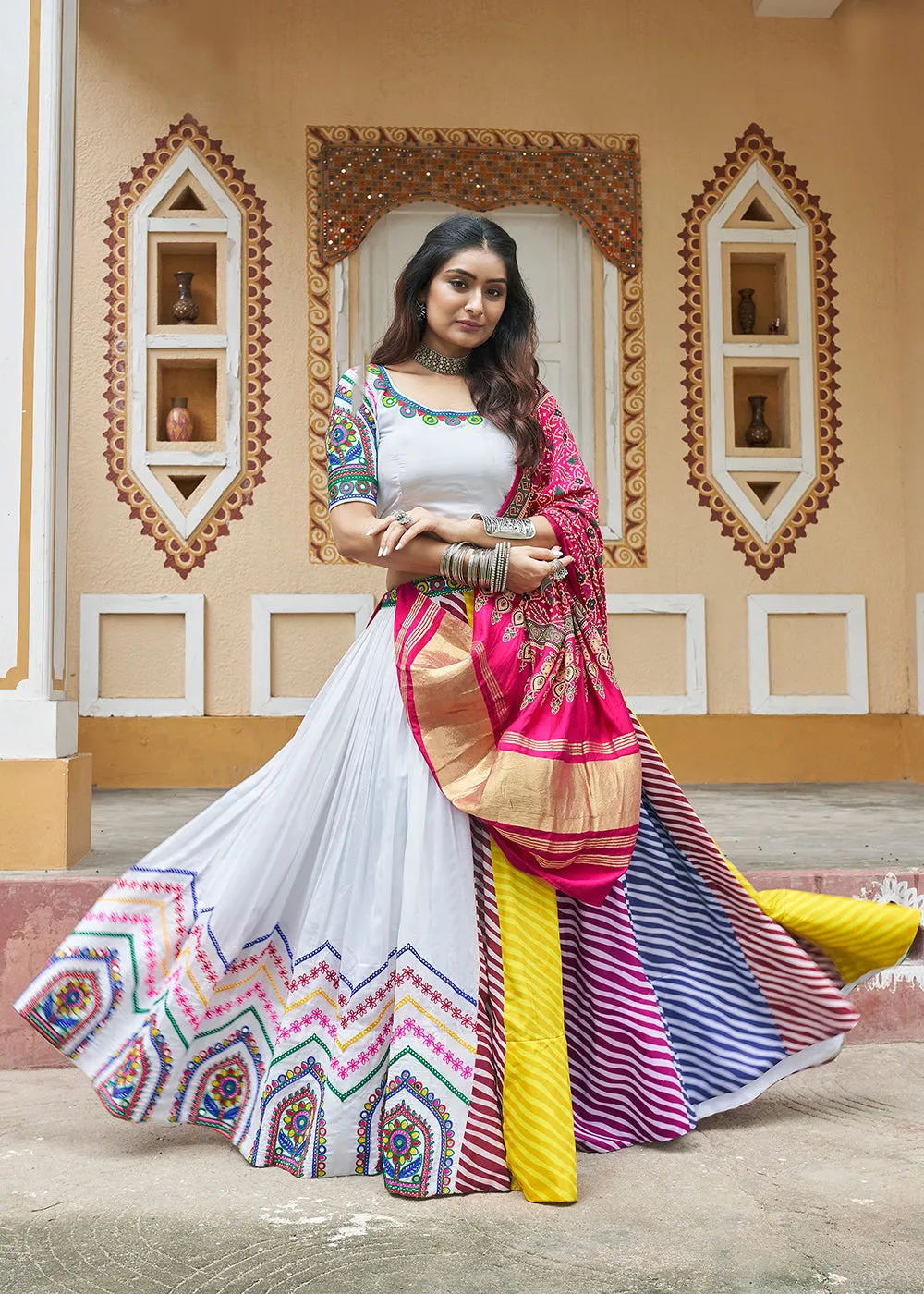 White Embroidered with Mirror Work Chaniya Choli for Navratri