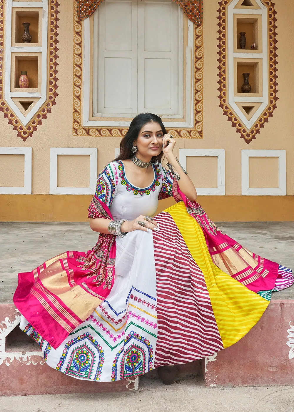 White Embroidered with Mirror Work Chaniya Choli for Navratri