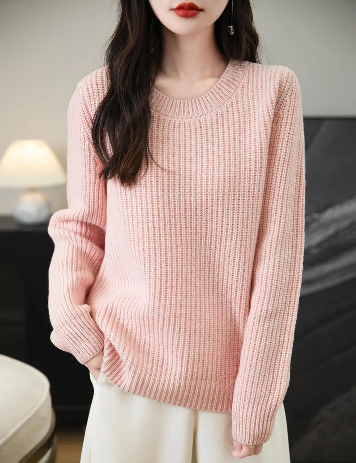 Women's 100% Merino Wool Sweater 2025 Fall Winter Casual Crewneck Long Sleeve Ribbed Knitted Pullover Sweater