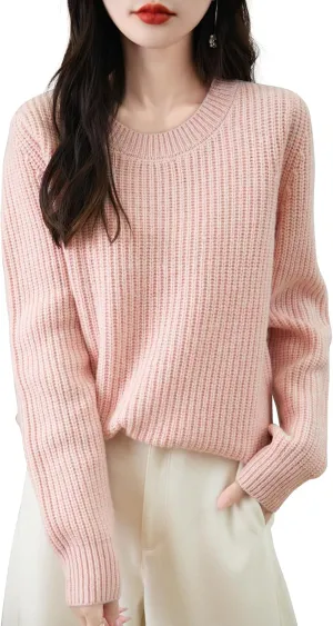 Women's 100% Merino Wool Sweater 2025 Fall Winter Casual Crewneck Long Sleeve Ribbed Knitted Pullover Sweater