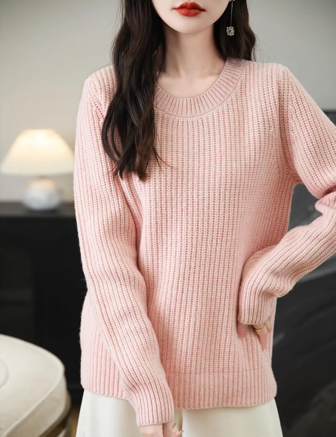 Women's 100% Merino Wool Sweater 2025 Fall Winter Casual Crewneck Long Sleeve Ribbed Knitted Pullover Sweater