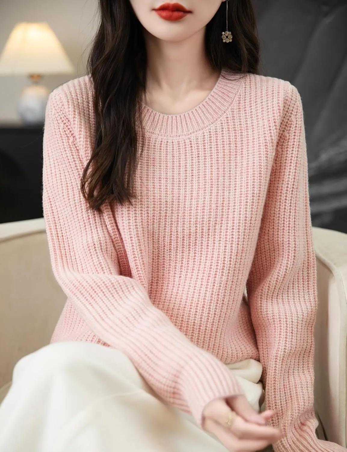 Women's 100% Merino Wool Sweater 2025 Fall Winter Casual Crewneck Long Sleeve Ribbed Knitted Pullover Sweater