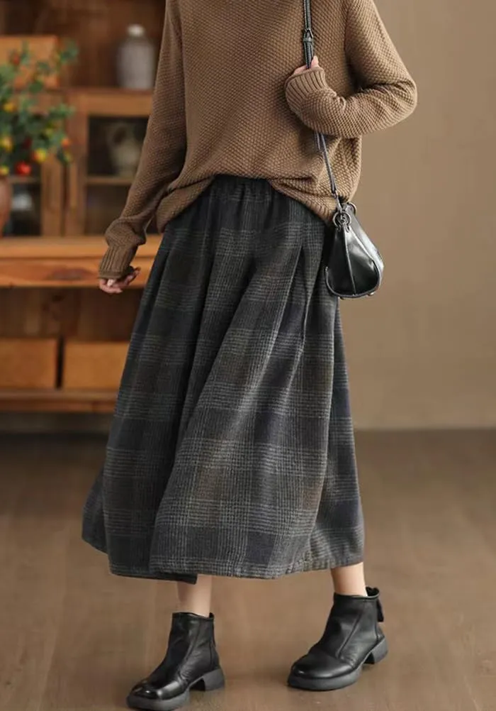 Womens Plaid Wool Skirt Fall Winter Warm High Elastic Waist A Line Pleated Wool Tartan Long Skirts