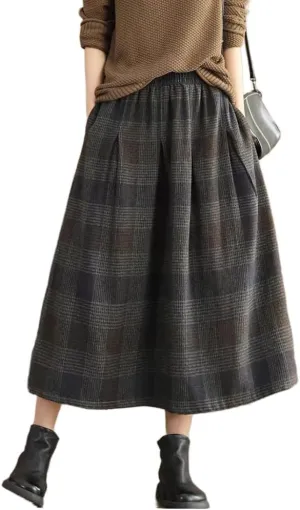Womens Plaid Wool Skirt Fall Winter Warm High Elastic Waist A Line Pleated Wool Tartan Long Skirts