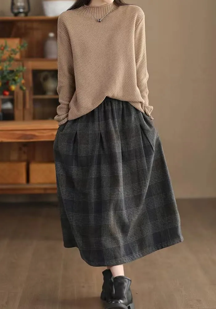 Womens Plaid Wool Skirt Fall Winter Warm High Elastic Waist A Line Pleated Wool Tartan Long Skirts