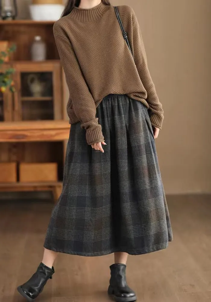 Womens Plaid Wool Skirt Fall Winter Warm High Elastic Waist A Line Pleated Wool Tartan Long Skirts