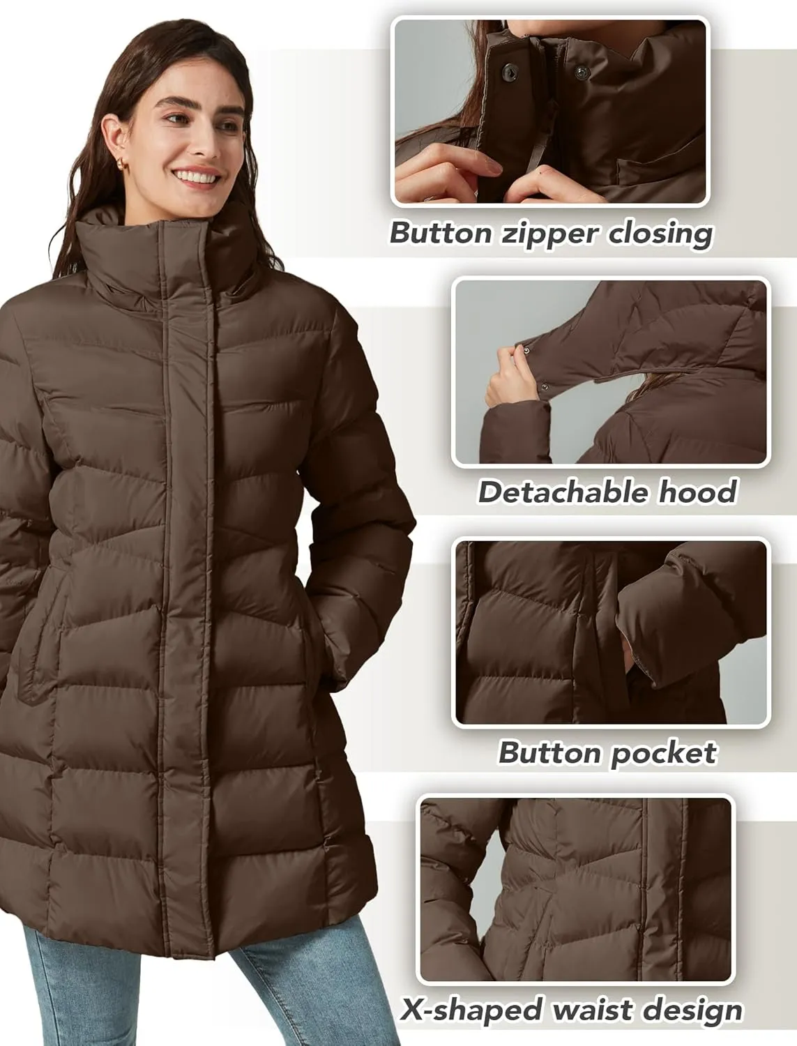 Women's Winter Warm Long Puffer Jacket Detachable Hood Quilted Thicken Coats