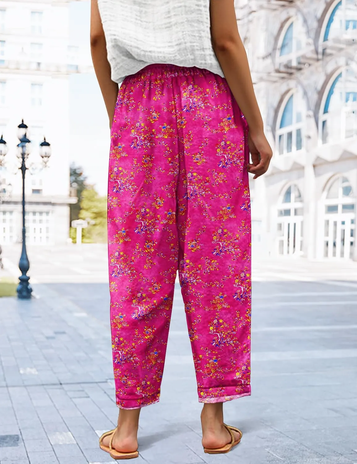 YESNO Casual Pants for Women Summer Floral Boho Lightweight Drawstring Elastic High Waist Pants with Pockets PHT