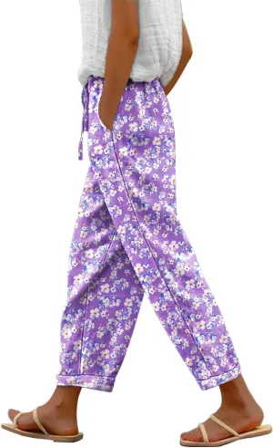 YESNO Casual Pants for Women Summer Floral Boho Lightweight Drawstring Elastic High Waist Pants with Pockets PHT