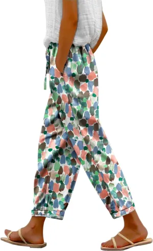 YESNO Casual Pants for Women Summer Floral Boho Lightweight Drawstring Elastic High Waist Pants with Pockets PHT
