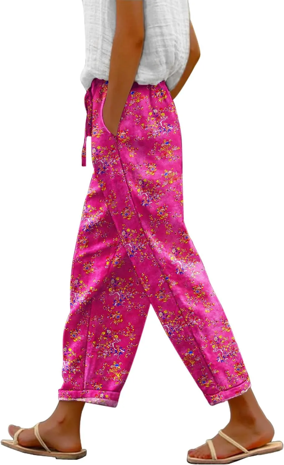 YESNO Casual Pants for Women Summer Floral Boho Lightweight Drawstring Elastic High Waist Pants with Pockets PHT