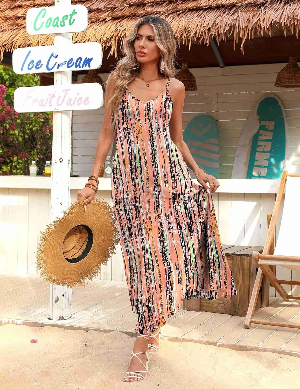 Zeagoo Womens Summer Maxi Dress Spaghetti Strap Casual Printed Dress Boho Floral Beach Sundress,