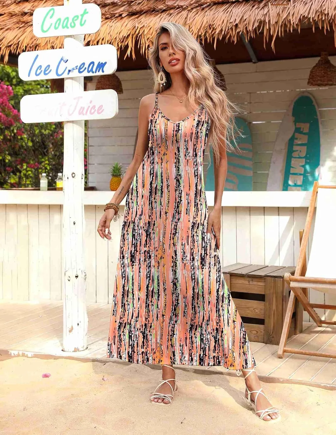 Zeagoo Womens Summer Maxi Dress Spaghetti Strap Casual Printed Dress Boho Floral Beach Sundress,