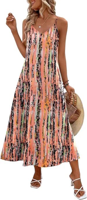 Zeagoo Womens Summer Maxi Dress Spaghetti Strap Casual Printed Dress Boho Floral Beach Sundress,