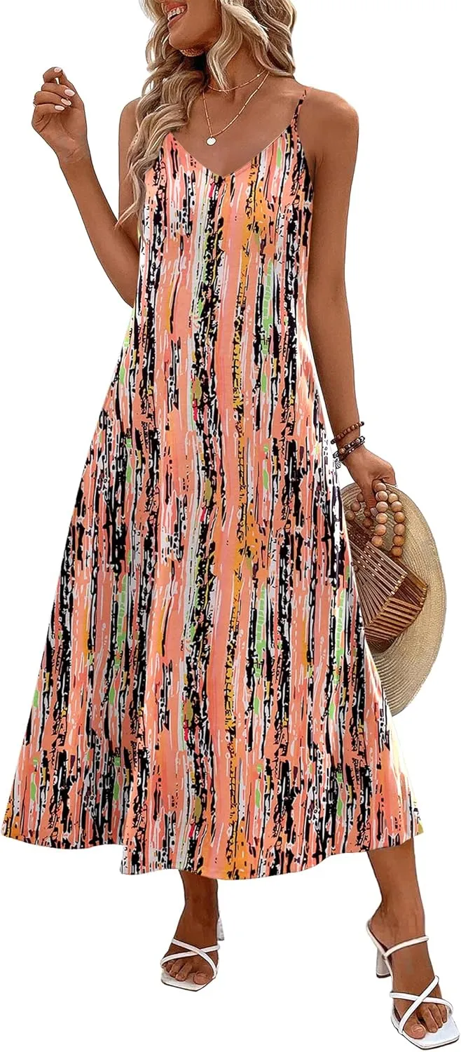 Zeagoo Womens Summer Maxi Dress Spaghetti Strap Casual Printed Dress Boho Floral Beach Sundress,